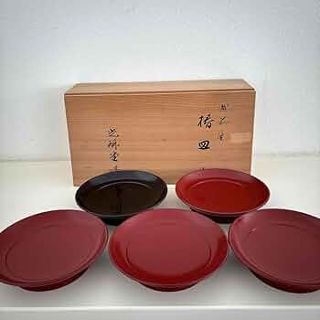 越前塗　光琳堂　椿皿　5枚セット　古代朱　高台皿　銘々皿　漆器　中皿　茶道具 Amazon | 越前漆器 光琳堂 椿皿5枚揃い 古代朱漆塗木箱入り越前